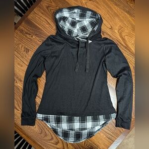 Faux-Layered Flannel Funnel Neck Hoodie